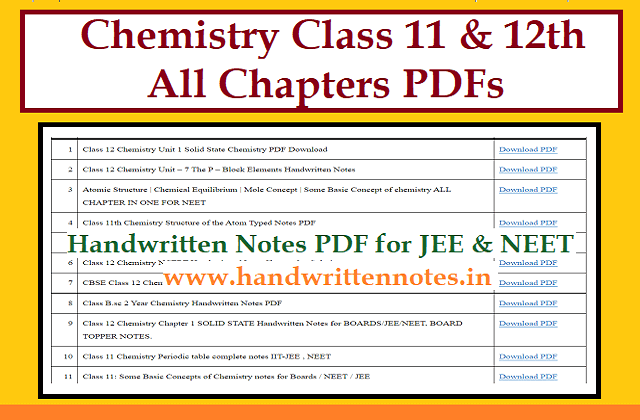 Chemistry Class 11 & 12th All Subjects Handwritten Notes PDF for JEE & NEET