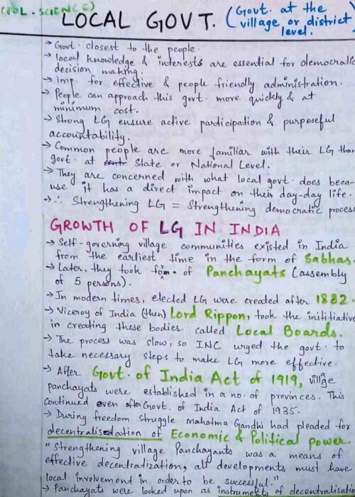 Local Government (Class 11) Handwritten Notes PDF