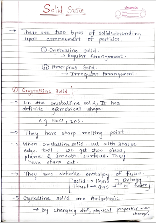 Solid State Handwritten Notes (NCERT NEET Chemistry Class 12)