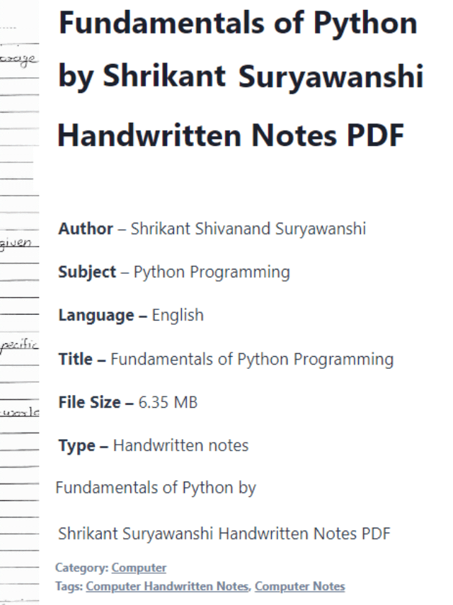 Fundamentals of Python by Shrikant Suryawanshi Handwritten Notes PDF